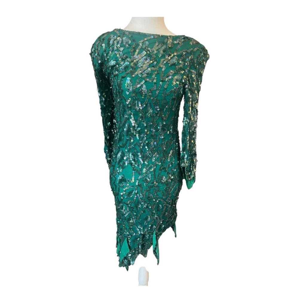 Vintage San Angelo Nights Green Sequin Silk Dress SZ M - 1980s Glam Party Cockta